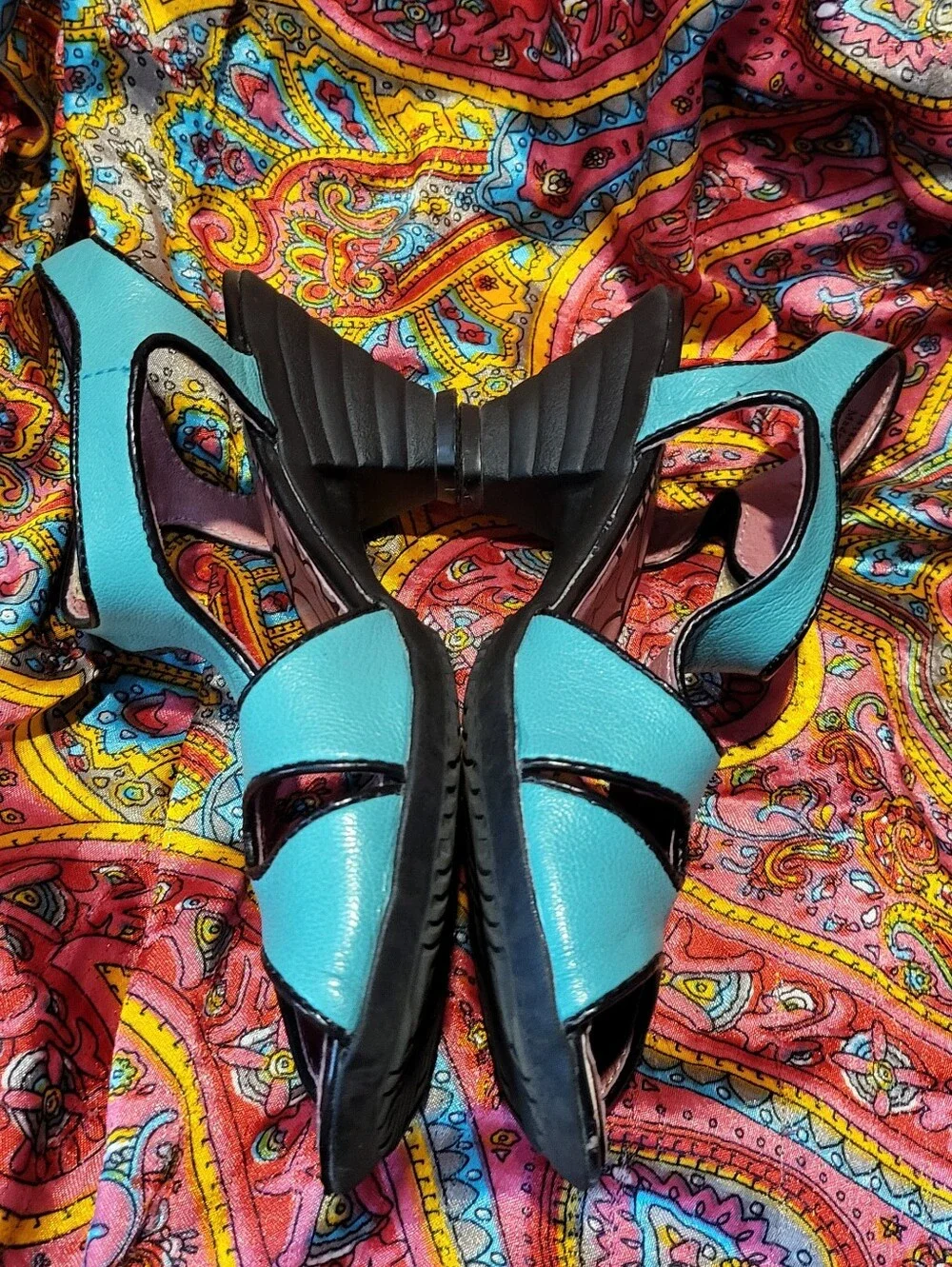 Fly London Turquoise Leather Shoes With Unique Heel Women's Size 6 5.5